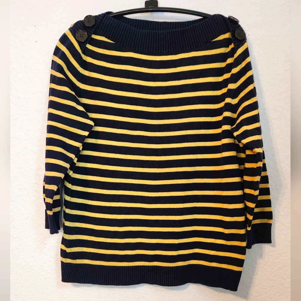 American Living Blue and Yellow Striped Sweater with 3/4 Sleeves,‎ Size L